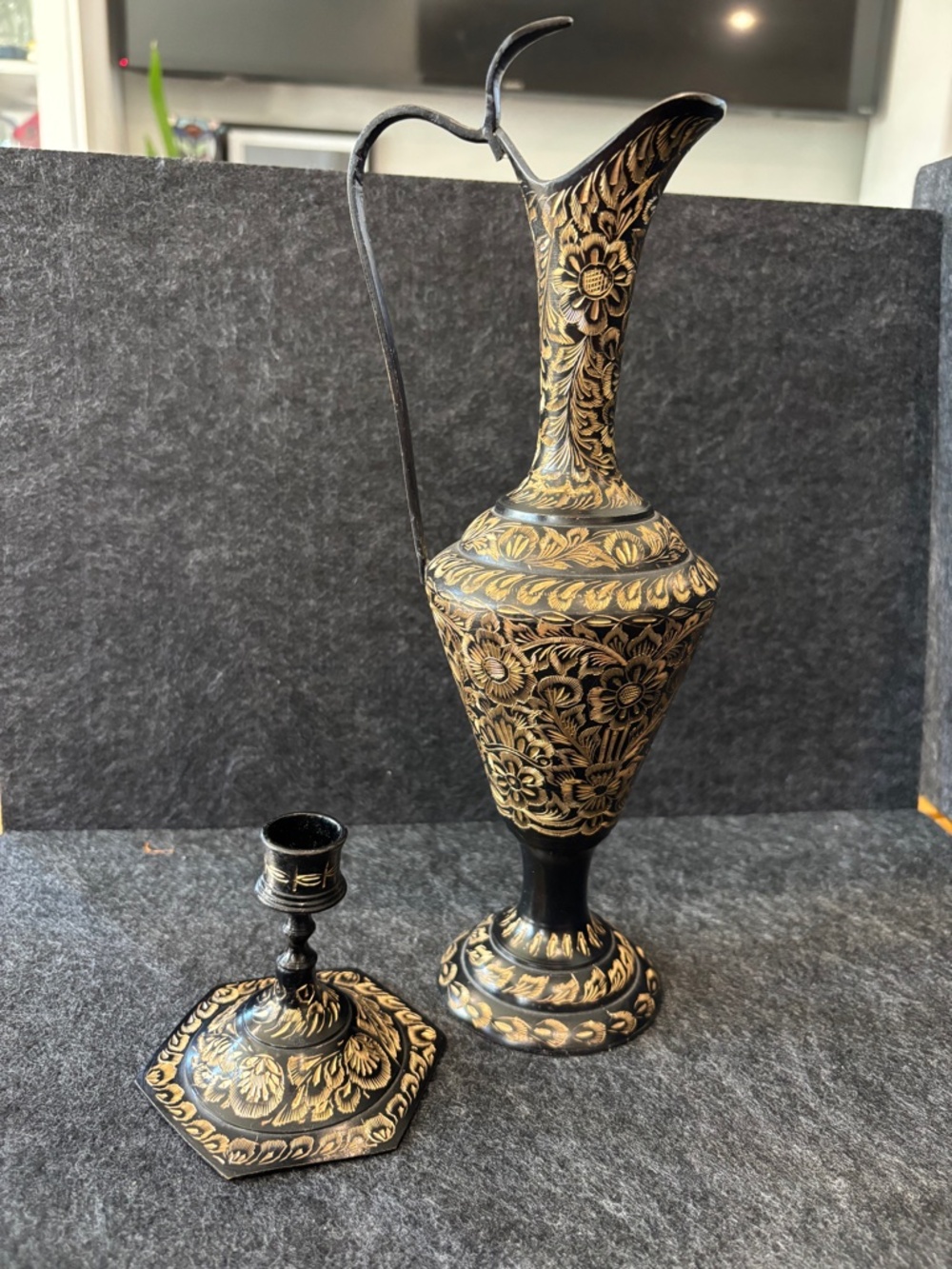 Vintage Hand Etched Indian Solid Brass Vase and Candle Holder